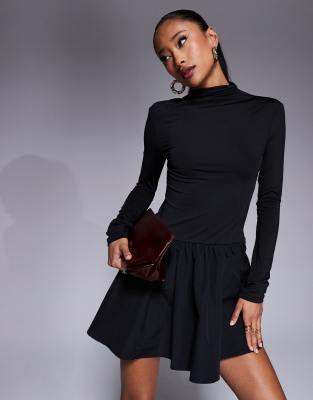 ASOS DESIGN - Langärmliges Minikleid aus Polyamid in Schwarz