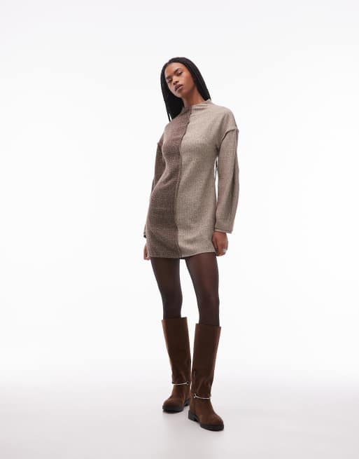 ASOS DESIGN – Langärmliges Minikleid aus Tweed in Braun mit farblich abgesetztem Design, 4 von 4