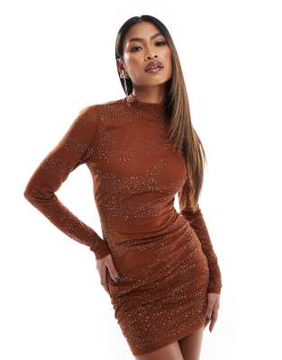 ASOS Design - Langärmliges Minikleid in Bronze mit kunstvoller Hotfix-Verzierung-Braun