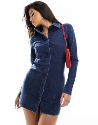 ASOS Design - Langärmliges Minikleid in Denim-Waschung mit Kragen-Blau