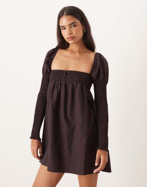ASOS DESIGN – Langärmliges Minikleid in dunklem Burgunderrot mit geraffter Brustpartie und Knopfleiste vorn - view 1