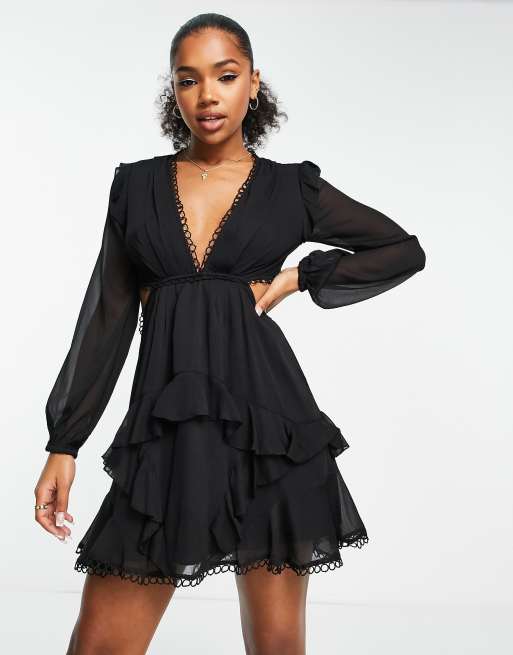 ASOS DESIGN – Langärmliges Minikleid in Schwarz mit Besatz in rundem Design, 4 von 4