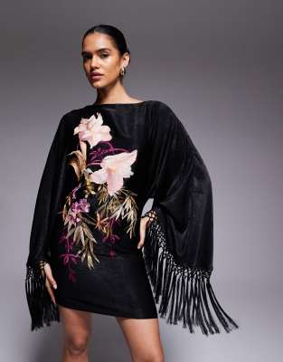 ASOS DESIGN - Langärmliges Minikleid in Schwarz mit Blumenstickerei und Fransen