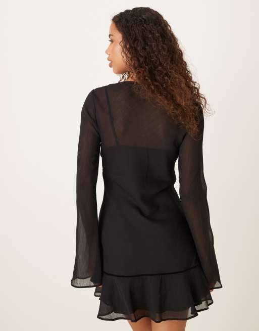 ASOS DESIGN – Langärmliges Minikleid in Schwarz mit geraffter Brustpartie und U-Ausschnitt, 3 von 4