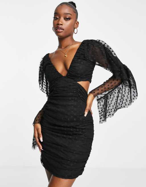 ASOS DESIGN – Langärmliges Minikleid in Schwarz mit gerüschten Ärmeln aus Netzstoff mit Noppenstruktur und Zierausschnitten