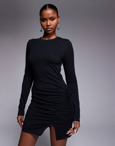 ASOS DESIGN – Langärmliges Minikleid in Schwarz mit Raffung und Seitenschlitz - view 1