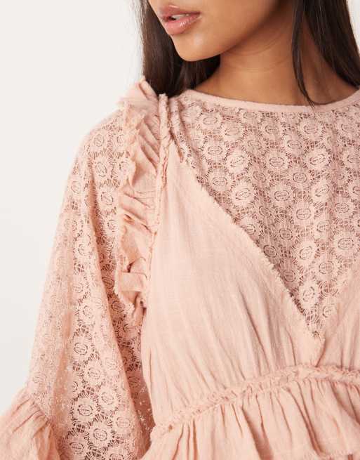 ASOS DESIGN – Langärmliges Minikleid in Staubrosa mit Rüschen, 2 von 4