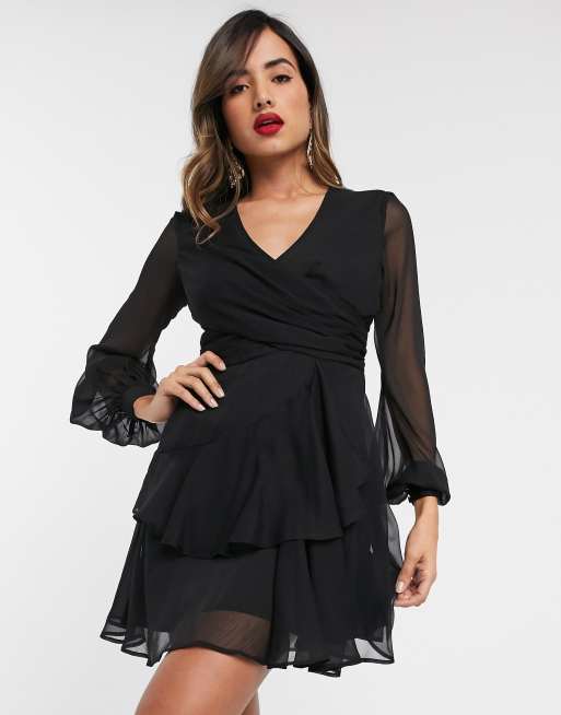ASOS DESIGN – Langärmliges Minikleid mit gewickelter Taille und doppellagigem Rock in Schwarz