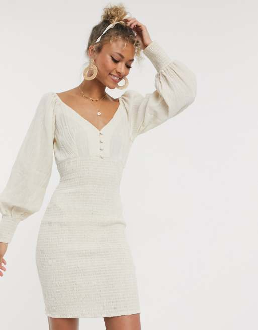 ASOS DESIGN – Langärmliges Minikleid mit natürlichem Crinkle-Design in Stone