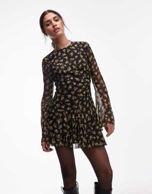 ASOS DESIGN - Langärmliges Minikleid mit Rüschenrock und Blümchenmuster-Bunt