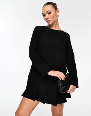 ASOS DESIGN - Langärmliges Minikleid mit tiefer Taille und Bundfalten in Schwarz