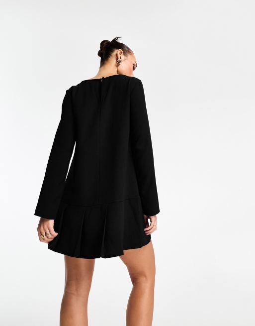 ASOS DESIGN – Langärmliges Minikleid mit tiefer Taille und Bundfalten in Schwarz, 2 von 4