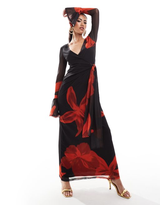 ASOS DESIGN – Langärmliges, mittellanges Netzstoff-Wickelkleid in Schwarz mit Rüschenärmeln und Blumenmuster