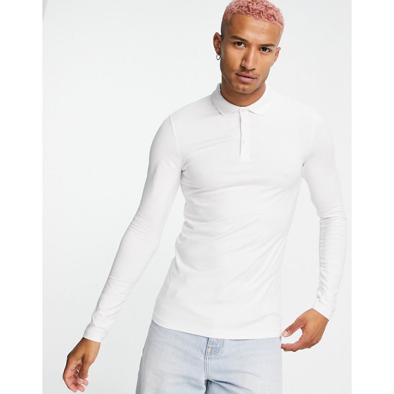 DESIGN ‑ Langärmliges Muskel-Polohemd in Weiß aus Jersey aus Baumwollmix