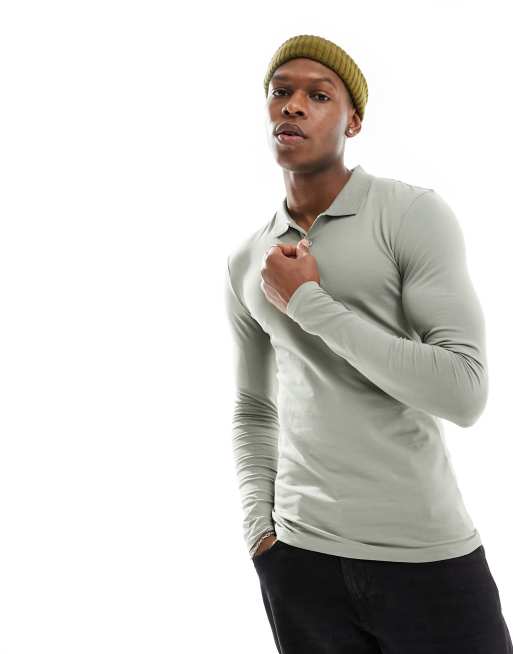 ASOS DESIGN – Langärmliges Muskel-Poloshirt in Grün