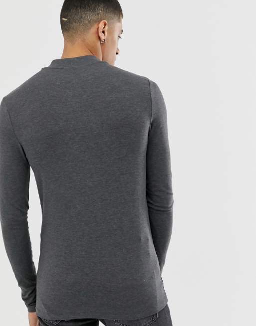 ASOS DESIGN – Langärmliges Muskel-Shirt aus Jersey mit Stehkragen in Anthrazit meliert, 2 von 4