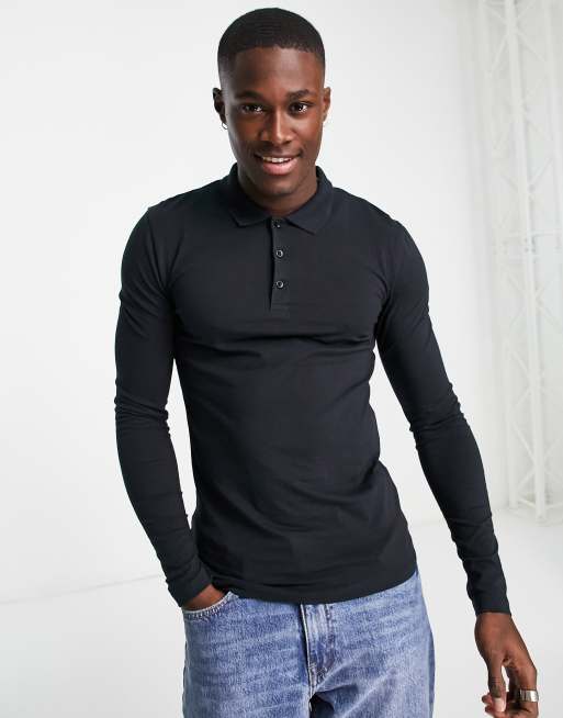 ASOS DESIGN – Langärmliges Muskelpoloshirt in Schwarz 