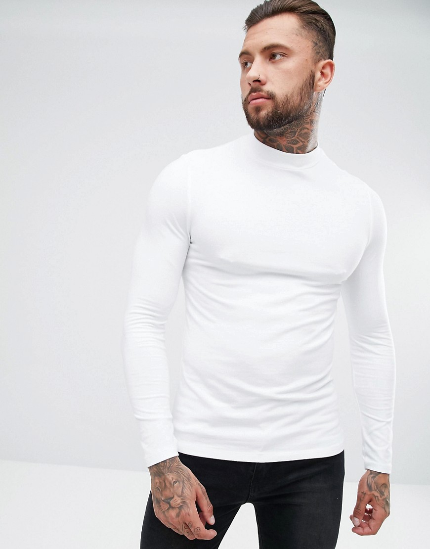 Asos Design – Langärmliges Muskelshirt Aus Jersey Mit Stehkragen In Weiß XXL