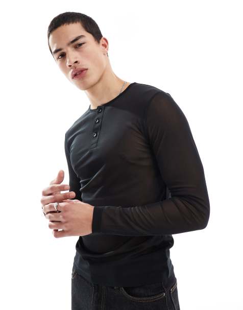 ASOS DESIGN – Langärmliges Muskelshirt aus Netzstoff in Schwarz mit Henleykragen - view 1