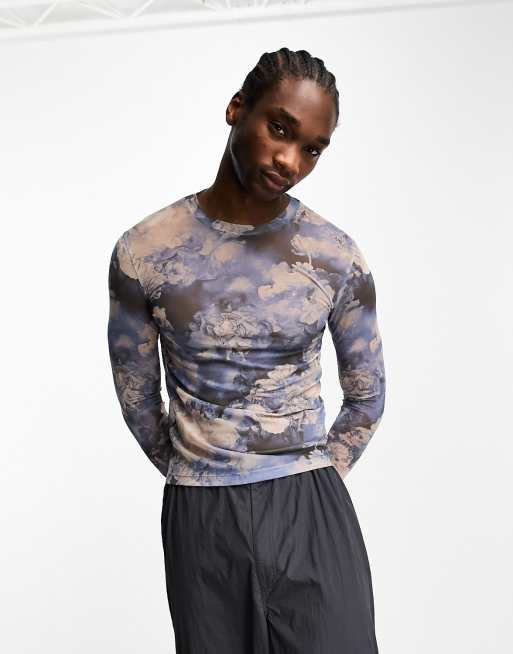 ASOS DESIGN – Langärmliges Muskelshirt aus Netzstoff mit All-over-Print