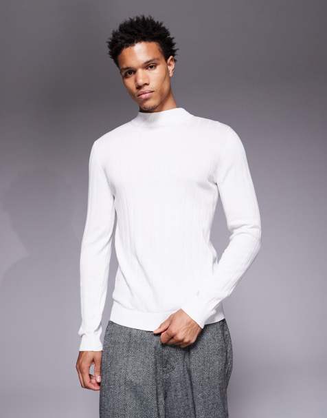ASOS DESIGN – Langärmliges Muskelshirt aus Rippstrick in Weiß mit Stehkragen - view 1