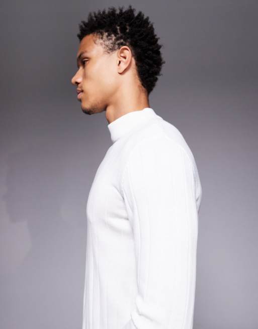 ASOS DESIGN – Langärmliges Muskelshirt aus Rippstrick in Weiß mit Stehkragen, 5 von 5
