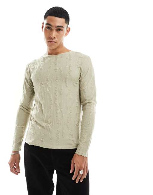 ASOS DESIGN – Langärmliges Muskelshirt in Beige mit Distressed-Effekt