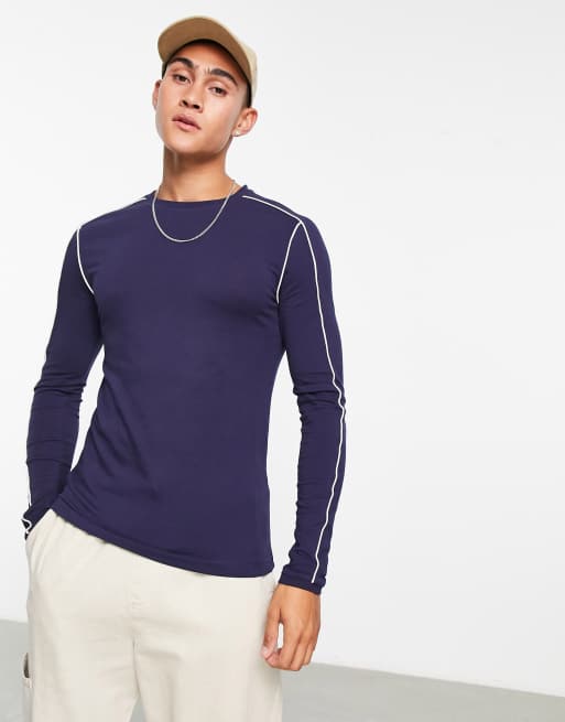 ASOS DESIGN – Langärmliges Muskelshirt in Marineblau mit Paspeldetails in Cremeweiß