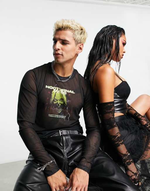 ASOS DESIGN – Langärmliges Muskelshirt in Schwarz aus Netzstoff mit Print 