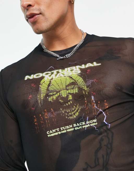 ASOS DESIGN – Langärmliges Muskelshirt in Schwarz aus Netzstoff mit Print , 2 von 4