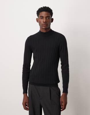 Langärmliges Muskelshirt in Schwarz aus Rippstrick mit Stehkragen Schwarz L