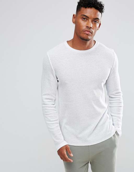 ASOS DESIGN – Langärmliges Muskelshirt mit Waffelmuster und abgerundetem Saum in Weiß