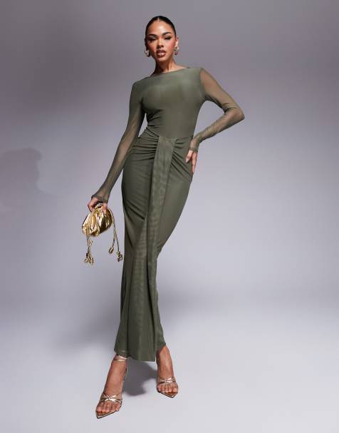 ASOS DESIGN – Langärmliges Netzstoff-Maxikleid in Khaki mit Rückenausschnitt, U-Boot-Ausschnitt und Schärpe - view 1