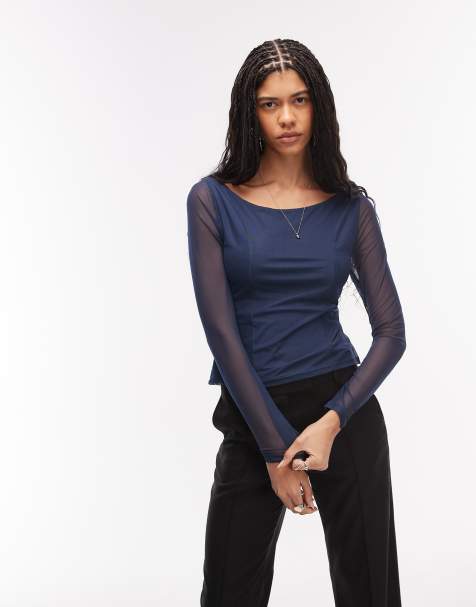 ASOS DESIGN – Langärmliges Netzstoff-Oberteil in Marineblau mit U-Boot-Ausschnitt - view 1