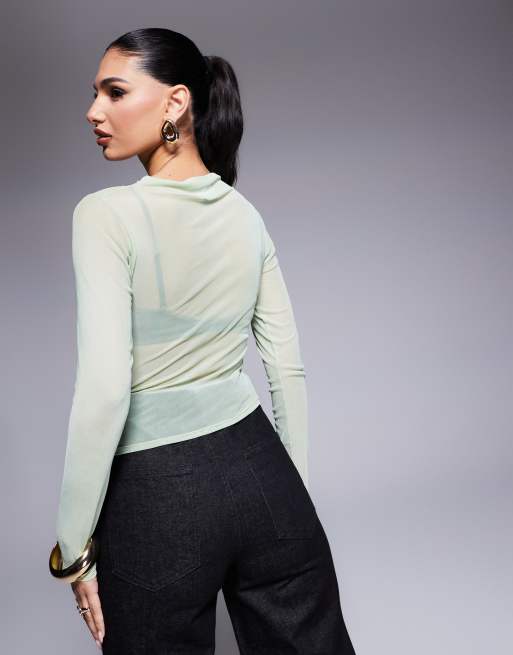ASOS DESIGN – Langärmliges Netzstoff-Oberteil in Salbeigrün mit seitlicher Raffung, 4 von 4
