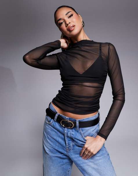 ASOS DESIGN – Langärmliges Netzstoff-Oberteil in Schwarz mit seitlicher Raffung - view 1