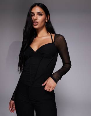 ASOS DESIGN - Langärmliges Netzstoff-Oberteil in Schwarz mit Ziernaht