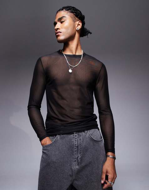 ASOS DESIGN – Langärmliges Netzstoff-Shirt in Schwarz mit körperbetontem Schnitt - view 1