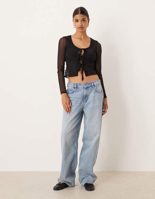 ASOS DESIGN – Langärmliges Netzstoff-Top in Schwarz mit Spitzenborte und gebundener Vorderseite, 2 von 4