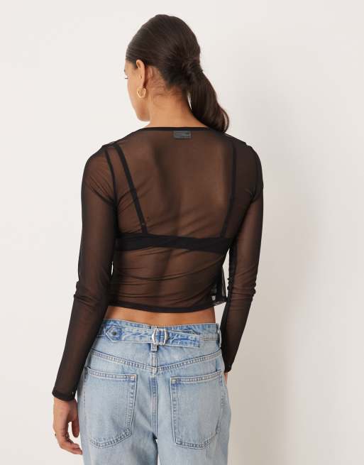 ASOS DESIGN – Langärmliges Netzstoff-Top in Schwarz mit Spitzenborte und gebundener Vorderseite, 4 von 4
