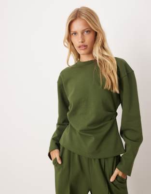 ASOS DESIGN - Langärmliges Oberteil aus Interlock-Stoff in Khaki mit Korsett-Taille, Kombiteil-Grün