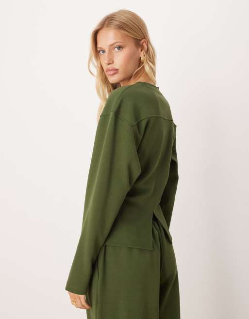 ASOS DESIGN – Langärmliges Oberteil aus Interlock-Stoff in Khaki mit Korsett-Taille, Kombiteil, 3 von 4
