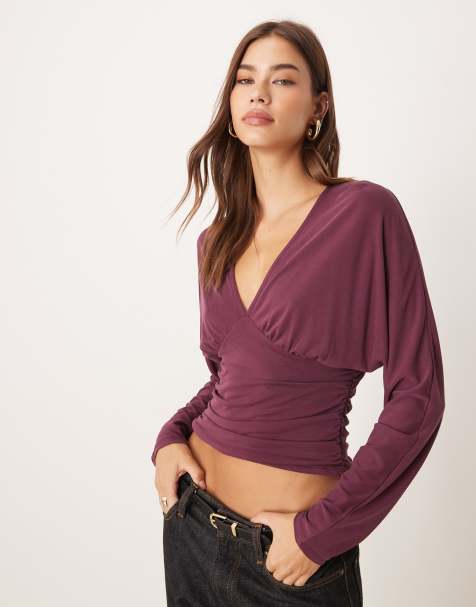 ASOS DESIGN – Langärmliges Oberteil aus Modal in Feigenrot mit abgenähten Einsätzen - view 1