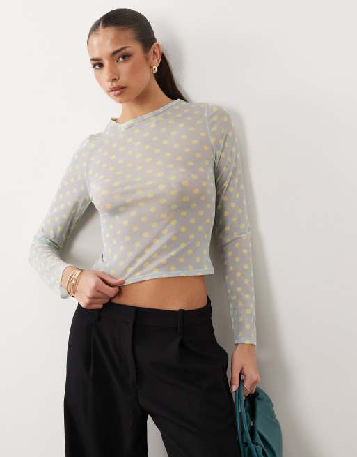 ASOS DESIGN – Langärmliges Oberteil aus Netzstoff in Blau mit gelben Polka-Dots, 4 von 4