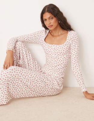 ASOS DESIGN - Langärmliges Oberteil aus Pointelle mit Blümchenmuster, Kombiteil-Bunt