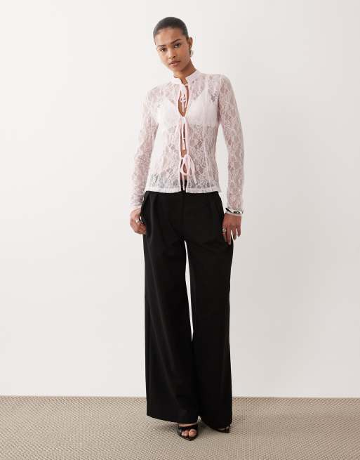 ASOS DESIGN – Langärmliges Oberteil aus Spitze in Rosa mit geschnürter Vorderseite, 2 von 4