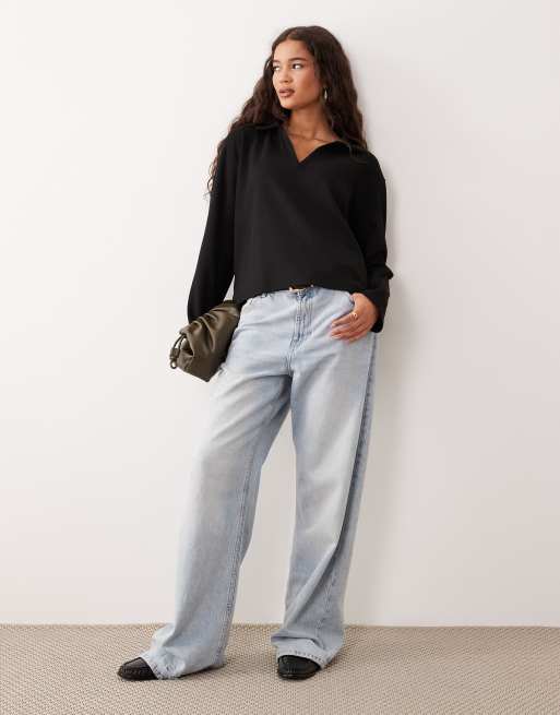 ASOS DESIGN – Langärmliges Oberteil aus Strickstoff in Schwarz mit Rugby-Kragen, 2 von 4