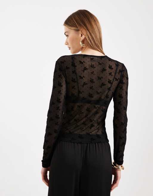 ASOS DESIGN – Langärmliges Oberteil aus transparentem Netzstoff mit beflocktem Blumenmuster, 2 von 4