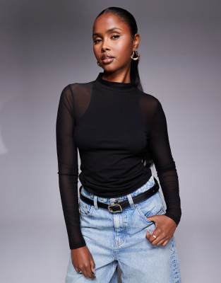 ASOS DESIGN - Langärmliges Oberteil im Racer-Stil aus Netzstoff in Schwarz