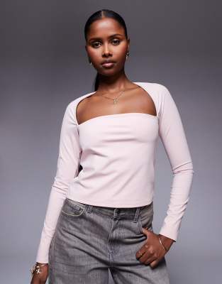ASOS DESIGN - Langärmliges Oberteil in Babyrosa mit abgerundetem Dekolleté und Bolero-Design